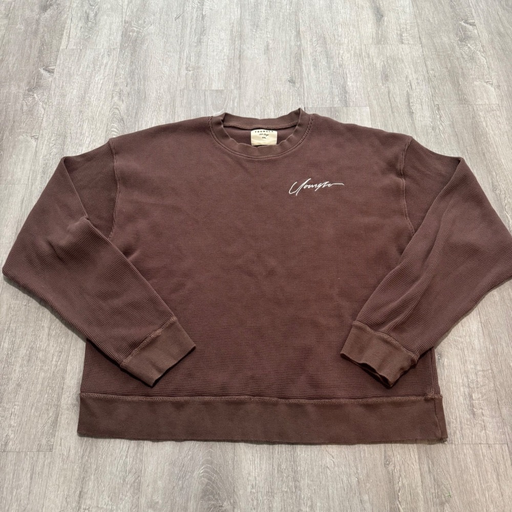 YoungLA Mens XXL Waffle Knit Thermal Sweatshirt Brown Script Logo Oversized